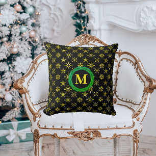 Kranz-Monogramm Gelbe Schneeflocken in Schwarz Kissen