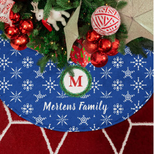 Kranz Monogramm Ihr Name Blau & Weiße Schneeflocke Polyester Weihnachtsbaumdecke