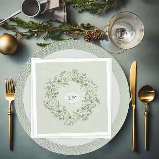 Kranz-Monogramm mit hellgrünen Blättern Serviette