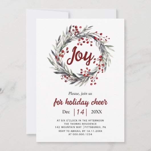 Kranz, rote Beeren und Blätter Weihnachtsfest Part Einladung (Vorderseite)