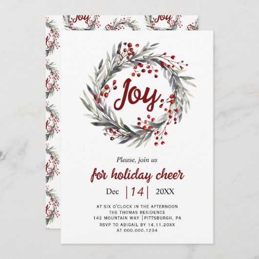 Kranz, rote Beeren und Blätter Weihnachtsfest Part Einladung (Vorne/Hinten)