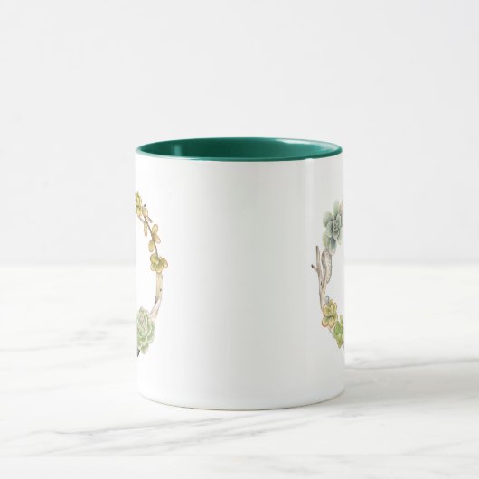 Kranz von Succulents, von Zweigen und Monogramm Tasse (Zentrum)