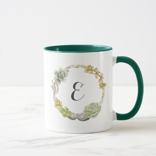 Kranz von Succulents, von Zweigen und Monogramm Tasse (Rechts)