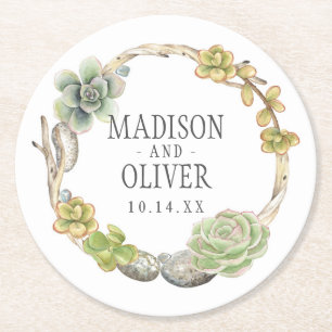 Kranz von Sukkulenten, Twigs und Steinen   Hochzei Runder Pappuntersetzer