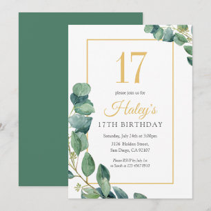 Kränze aus Grün Chic Gold & Salbei 17. Geburtstag Einladung