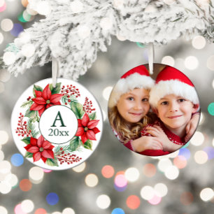 Kranzfoto-Monogramm-Jahr der Poinsettie  Keramik Ornament