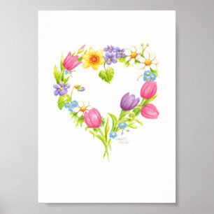 Kranzposter Wasserfarbe Herz Blumen 5 x 7 Poster