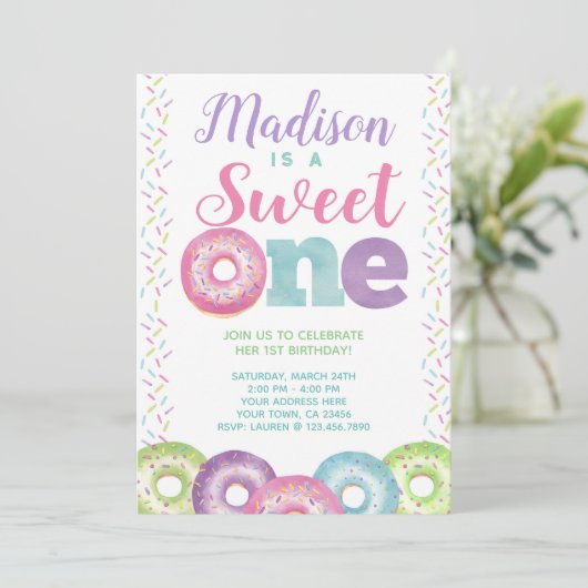 Krapfen, Bonbon einer, 1. Geburtstag Einladung (Stehend Vorderseite)