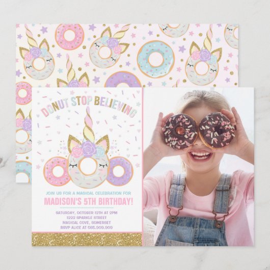 Krapfen-und Einhorn-Einladungs-Krapfen-Endglauben Einladung (Vorne/Hinten)