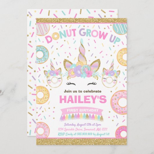 Krapfen und Unicorn-Einladungs-Krapfen wachsen Einladung (Vorne/Hinten)