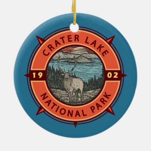 Krater Lake Nationalpark Elk Retro Kompass Emblem Keramik Ornament (Hinten)