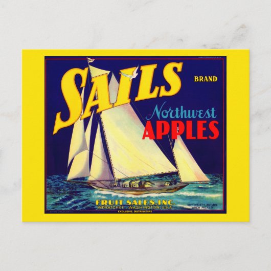 Kratetikett "Sails Northwest Apples" der 1930er Ja Postkarte (Vorderseite)