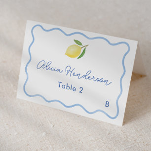 Krause Rand blassblaue Zitronen-Hochzeit-Platzkart Tischnummer