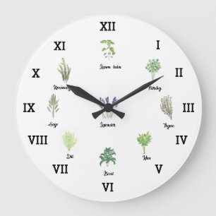 Kräuter Aquarell Küchengarten Grüne Gewürze Thymia Große Wanduhr