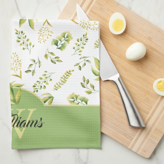 Kräutergrün-Muster-Monogramm auf Weiß Geschirrtuch (Viertel Falte)