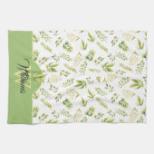 Kräutergrün-Muster-Monogramm auf Weiß Geschirrtuch (Horizontal)