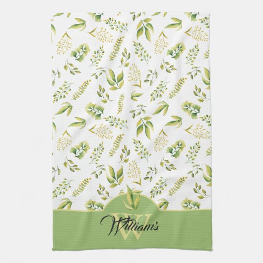 Kräutergrün-Muster-Monogramm auf Weiß Geschirrtuch (Vertikal)