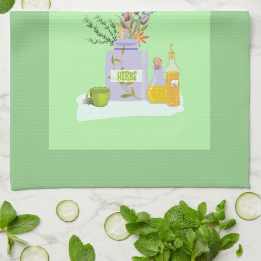 Kräuterhandtuch grün mit Ölen und Blume Geschirrtuch (Gefaltet)