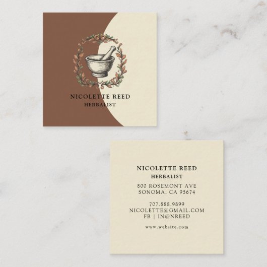 Kräuterpflanze Illustriert Mortar Pestle Reben Quadratische Visitenkarte (Vorne/Hinten)