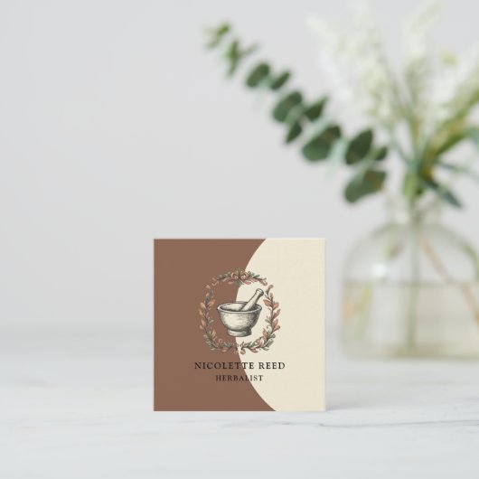Kräuterpflanze Illustriert Mortar Pestle Reben Quadratische Visitenkarte (Stehend Vorderseite)