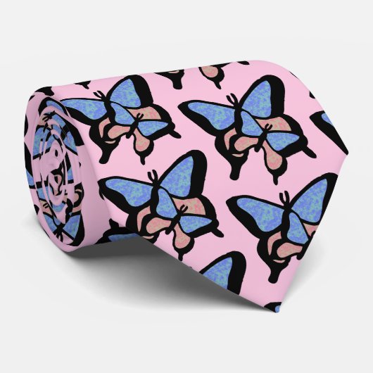 Krawatte mit blauen und rosa Schmetterlingen (Gerollt)