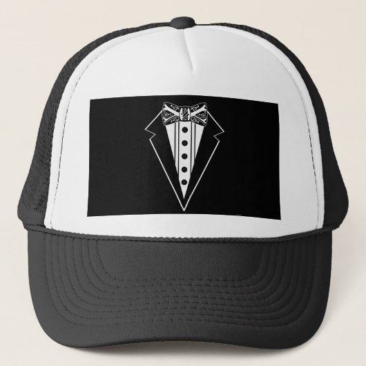 Krawatte mit schwarzem und weißem Bow mit Tux Truckerkappe (Vorderseite)