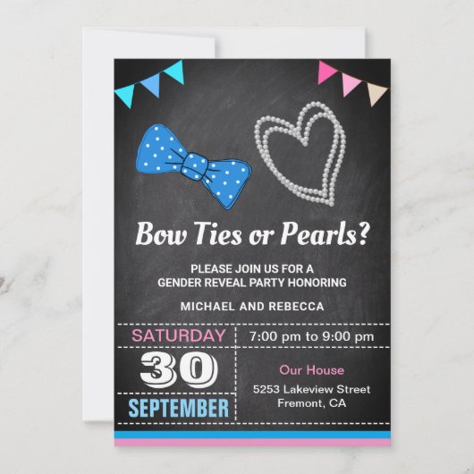 Krawatte oder Perlen Gender Reveal Party Einladung (Vorderseite)