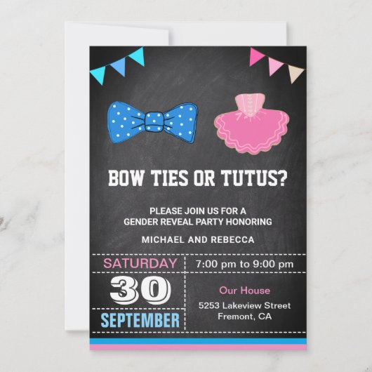 Krawatte oder Tutus Gender Reveal Party Einladung (Vorderseite)