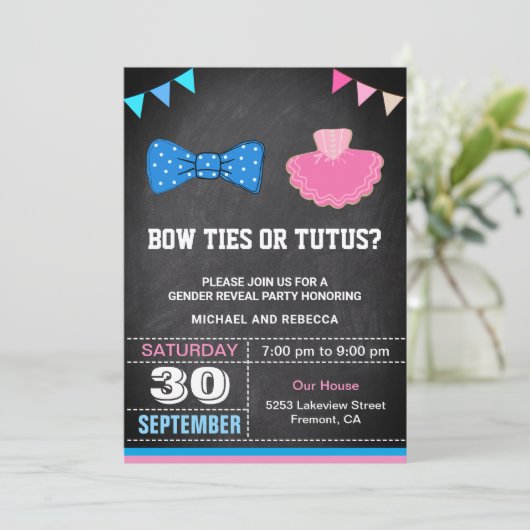 Krawatte oder Tutus Gender Reveal Party Einladung (Stehend Vorderseite)