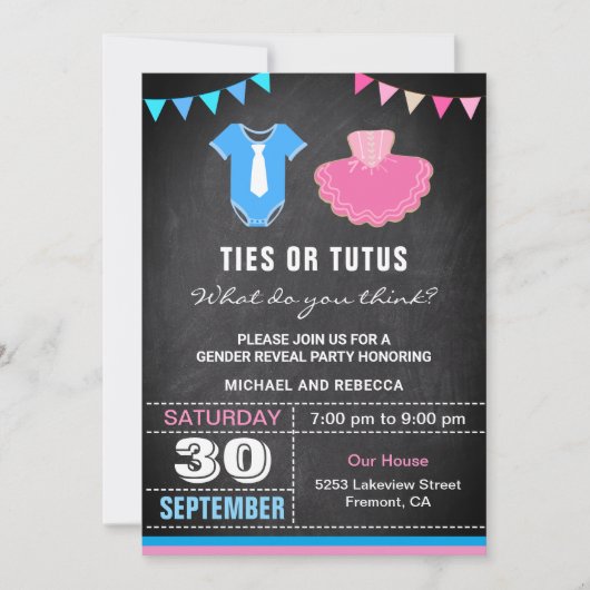 Krawatte oder Tutus Gender Reveal Party Einladung (Vorderseite)