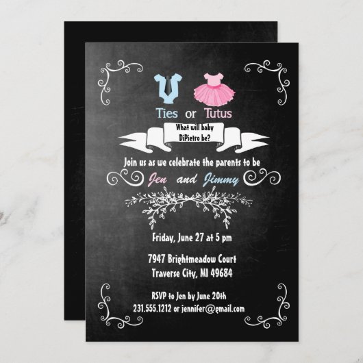 Krawatte oder Tutus Gender Reveve Invitation Baby Einladung (Vorne/Hinten)