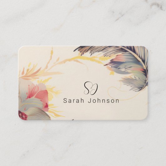 Kreative Bohemische Blüte und Feder mit Monogramm Visitenkarte (Vorderseite)