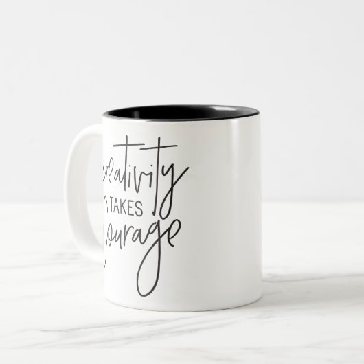 KREATIVITÄT BRAUCHT MOURAGE, handschriftlich Zweifarbige Tasse (Vorderseite Links)