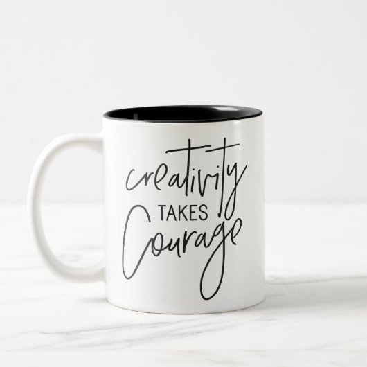 KREATIVITÄT BRAUCHT MOURAGE, handschriftlich Zweifarbige Tasse (Links)