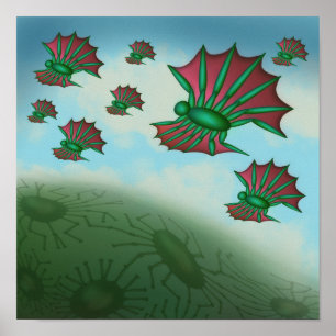 Kreaturen fliegen in Formation und werfen Schatten Poster