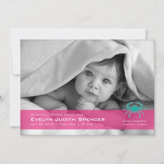 Krebs der Krebs-Foto Geburtskarte Ankündigung (Vorderseite)