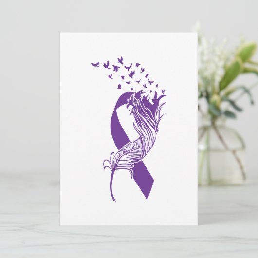 Krebs Lila Ribbon Feather Birds Save The Date (Stehend Vorderseite)