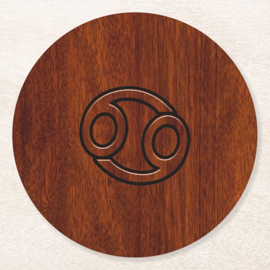 Krebs Zodiac Symbol auf Mahogany-Holzstil Runder Pappuntersetzer (Vorderseite)