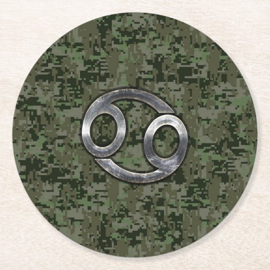 Krebs-Zodiac-Zeichen auf Olive Green Digital-Camou Runder Pappuntersetzer (Vorderseite)