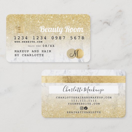 Kreditkarte Gold Glitzer Marmor Beauty Monogramm Visitenkarte (Vorne/Hinten)