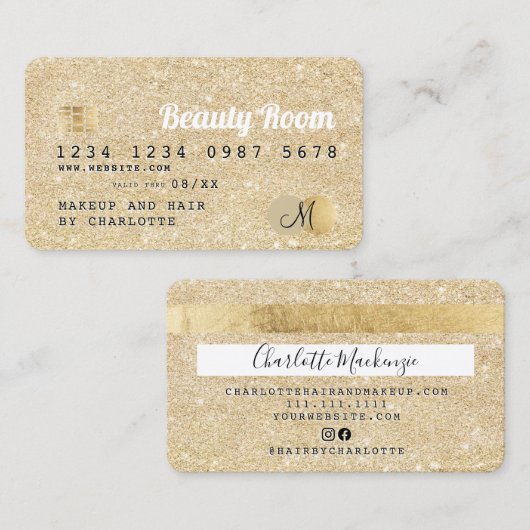 Kreditkarte Gold Glitzer Schönheitsmonogramm Visitenkarte (Vorne/Hinten)