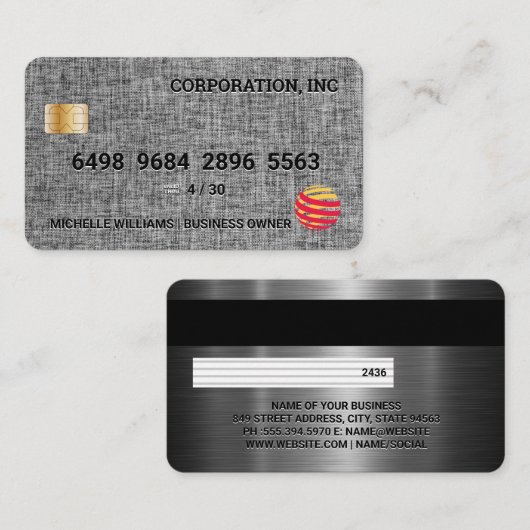Kreditkarte | Leinenstoff | Metallisch Visitenkarte (Vorne/Hinten)