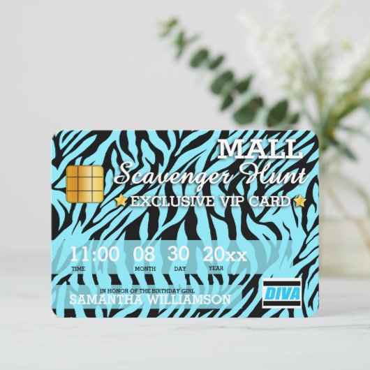 Kreditkarte Mall Scavenger Jagd Party Einladung (Stehend Vorderseite)