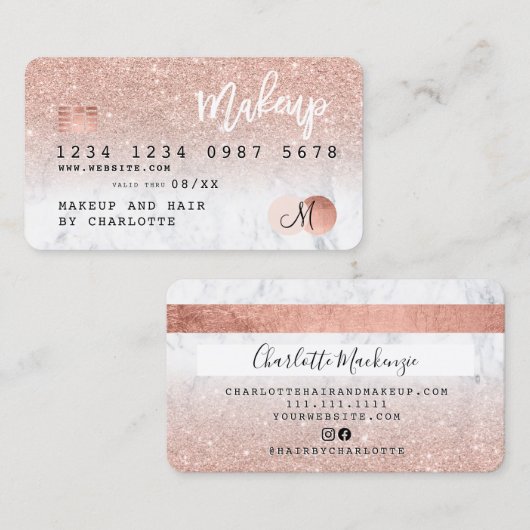 Kreditkarte Rose Gold Glitzer Marmor chic Monogram Visitenkarte (Vorne/Hinten)