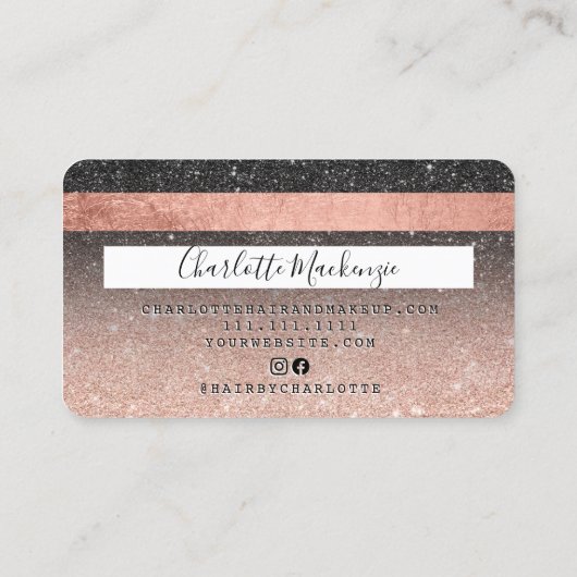 Kreditkarte Rose Gold Schwarzer Glitzer Monogramm Visitenkarte (Rückseite)
