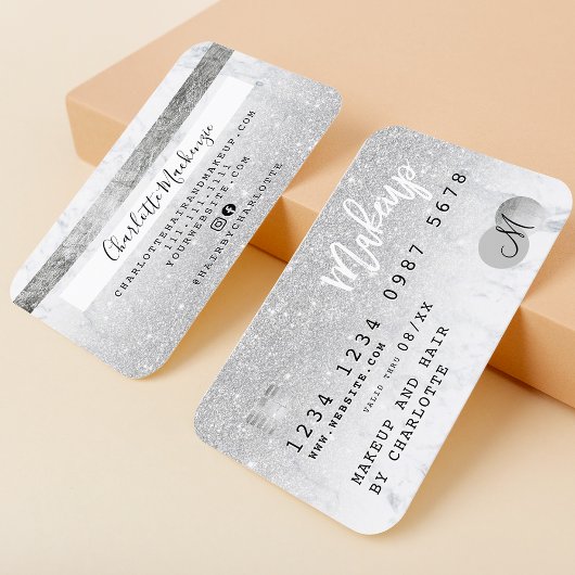 Kreditkarte silber Glitzer Marmor chic Monogramm Visitenkarte