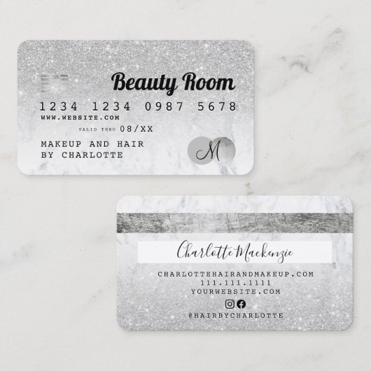 Kreditkarte silber Glitzer Marmor schick Schönheit Visitenkarte (Vorne/Hinten)