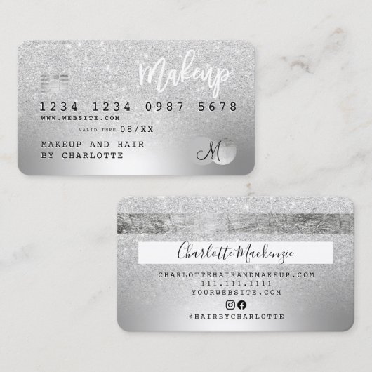 Kreditkarte silber metallisches Glitzer Monogramm Visitenkarte (Vorne/Hinten)