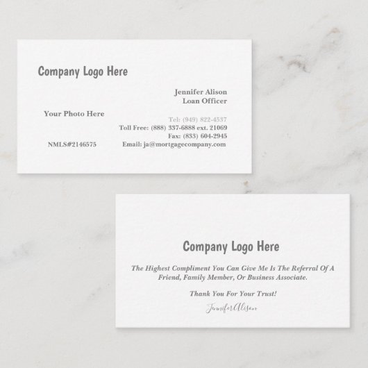 Kreditnehmer/Hypothekenkarte/Realtor-Visitenkarte Telefonnummerkarte (Vorne/Hinten)