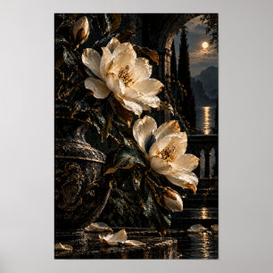 Kreide-Magnolienblüten in mondbeschienener Gartenw Poster